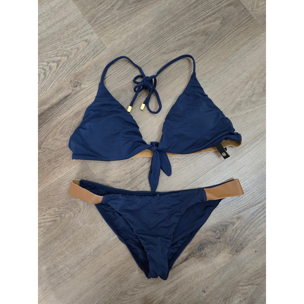 ViX Paula Hermanny Navy Blue Faux Leather Trim Triangle Bikini Set Gold Hardware
